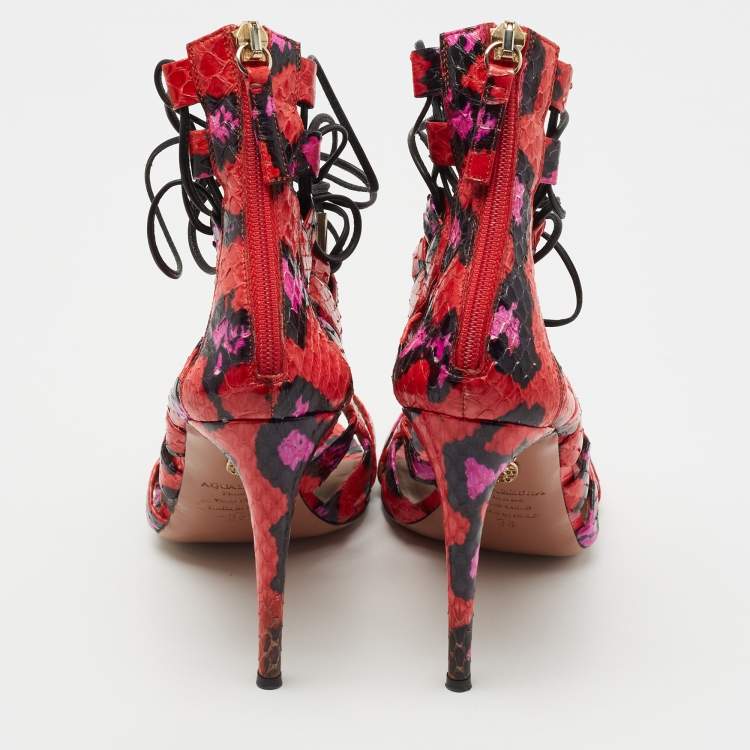 Pre Owned Aquazzura Tricolor Embossed Snakeskin Amazon Sandals Size 38