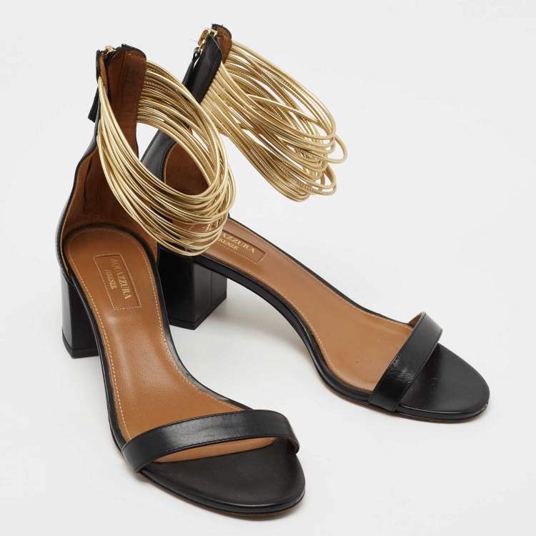 Pre Owned Aquazzura Black/Gold Leather Spin Me Around Strappy Sandals Size 39