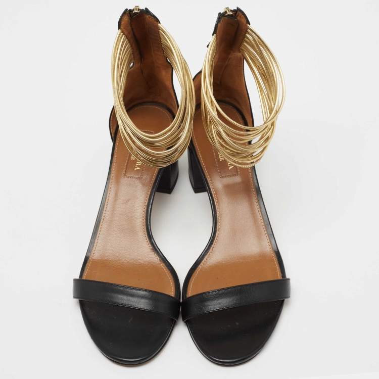 Pre Owned Aquazzura Black/Gold Leather Spin Me Around Strappy Sandals Size 39