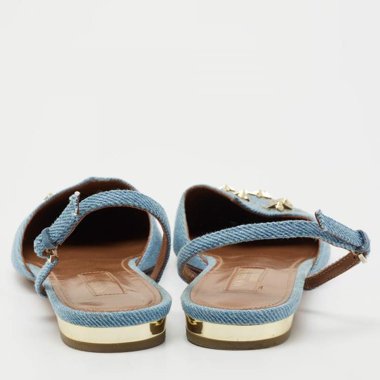 Pre Owned Aquazzura Blue Denim Star Studded Pointed Toe Slingback Sandals Size 37.5