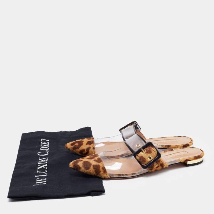 مملوكة مسبقًا Aquazzura Brown/Beige Leopard Print Calf Hair and PVC Seduction Flat Mules Size 36.5