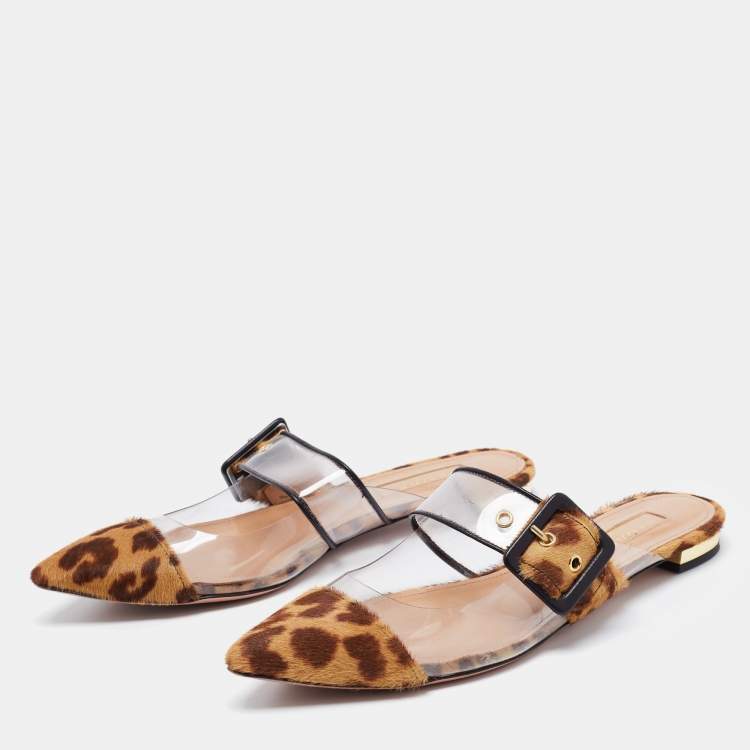 مملوكة مسبقًا Aquazzura Brown/Beige Leopard Print Calf Hair and PVC Seduction Flat Mules Size 36.5