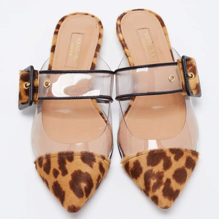 مملوكة مسبقًا Aquazzura Brown/Beige Leopard Print Calf Hair and PVC Seduction Flat Mules Size 36.5