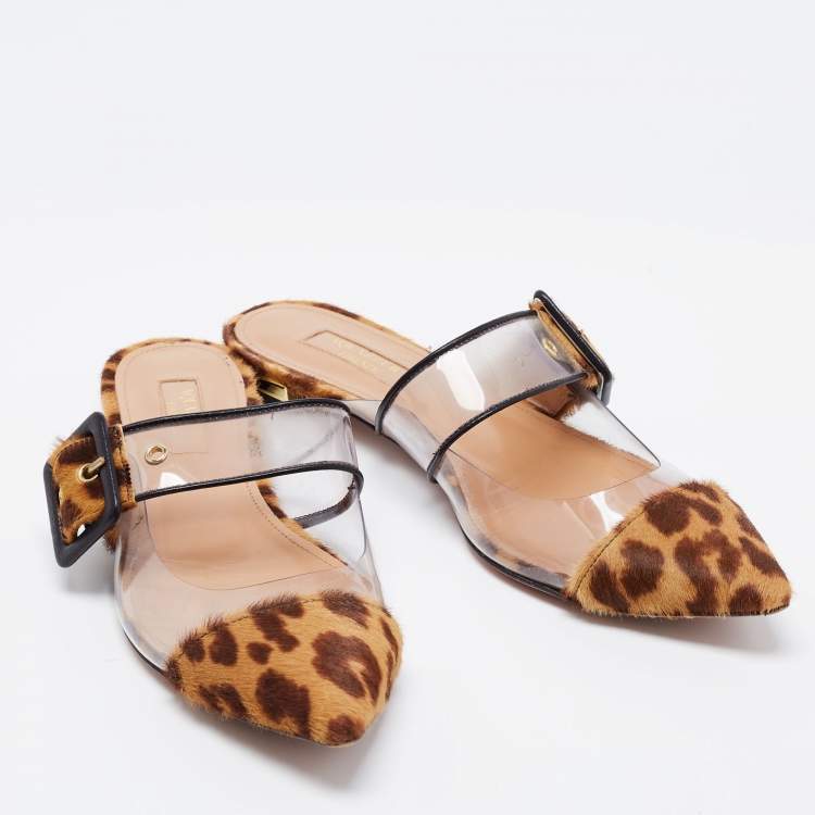 مملوكة مسبقًا Aquazzura Brown/Beige Leopard Print Calf Hair and PVC Seduction Flat Mules Size 36.5