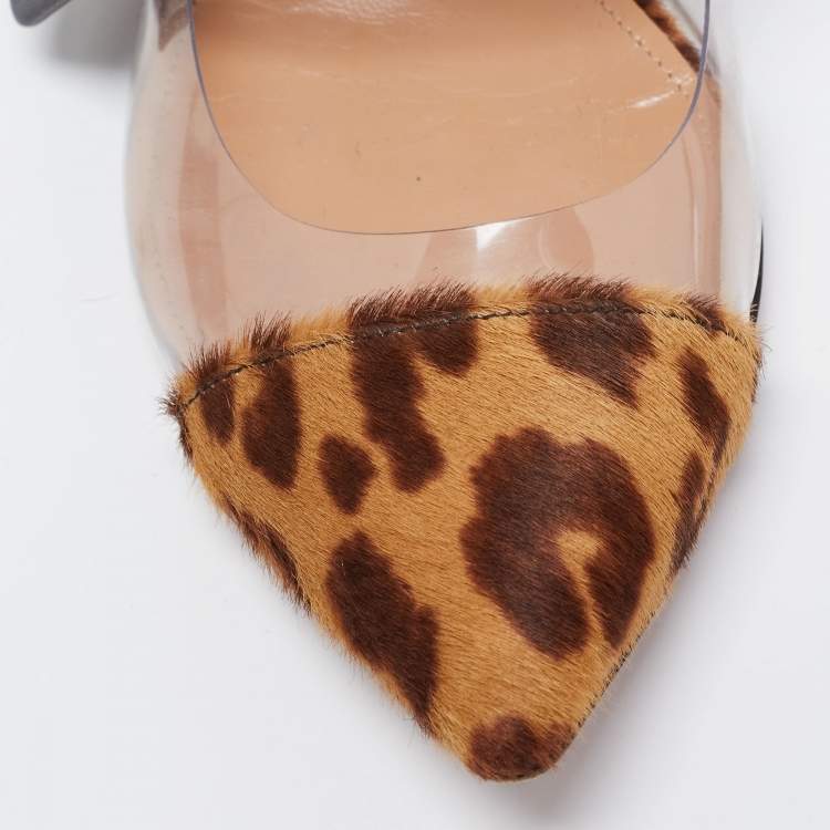مملوكة مسبقًا Aquazzura Brown/Beige Leopard Print Calf Hair and PVC Seduction Flat Mules Size 36.5