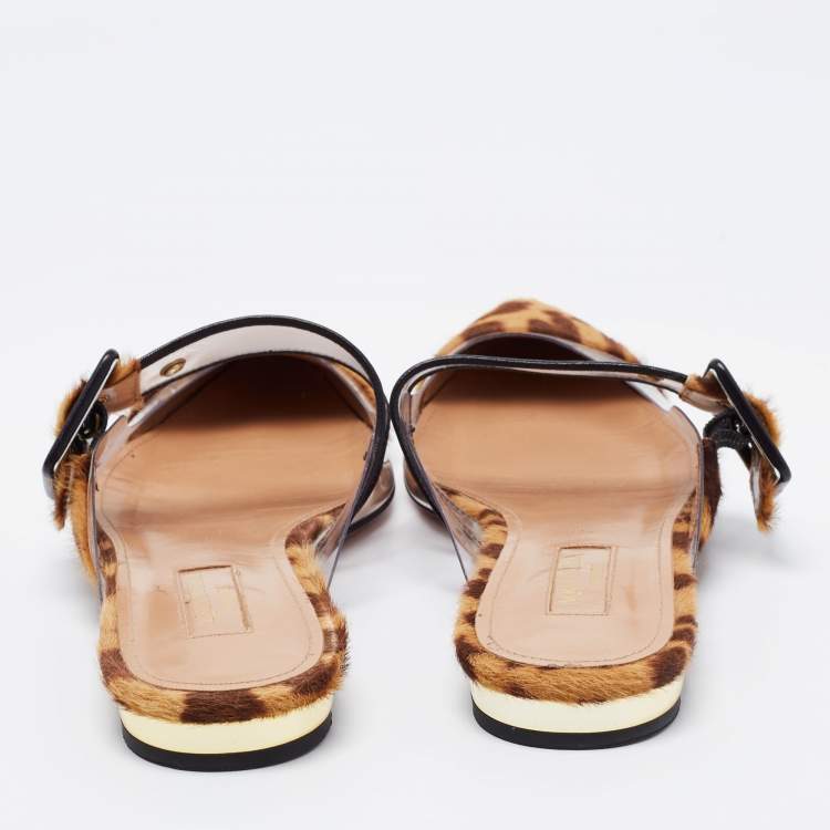 مملوكة مسبقًا Aquazzura Brown/Beige Leopard Print Calf Hair and PVC Seduction Flat Mules Size 36.5