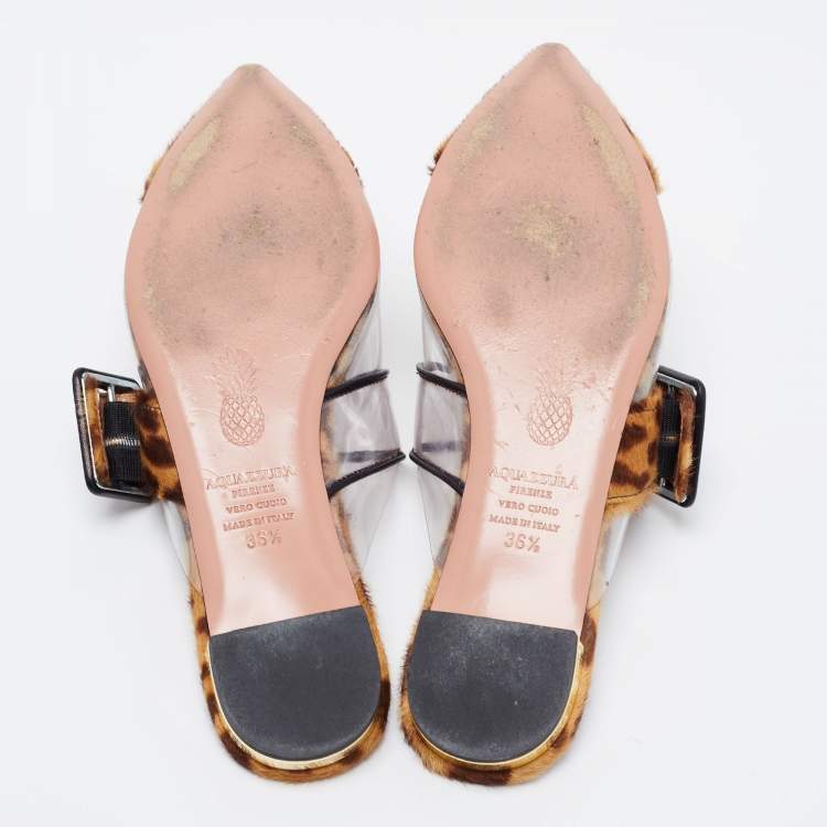 مملوكة مسبقًا Aquazzura Brown/Beige Leopard Print Calf Hair and PVC Seduction Flat Mules Size 36.5