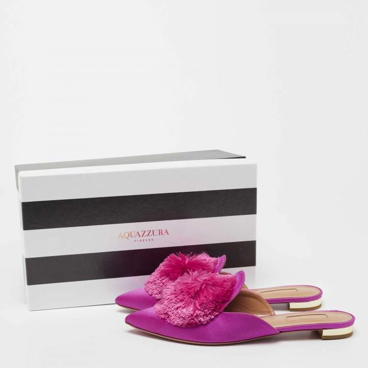 Pre Owned Aquazzura Pink Satin Powder Puff Pom Pom Mules Size 38.5