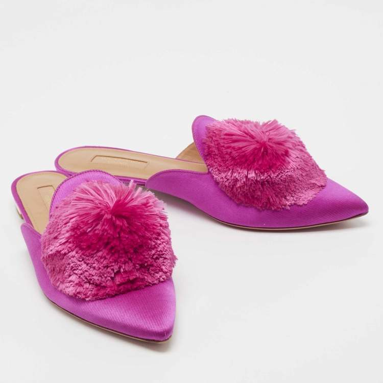 Pre Owned Aquazzura Pink Satin Powder Puff Pom Pom Mules Size 38.5