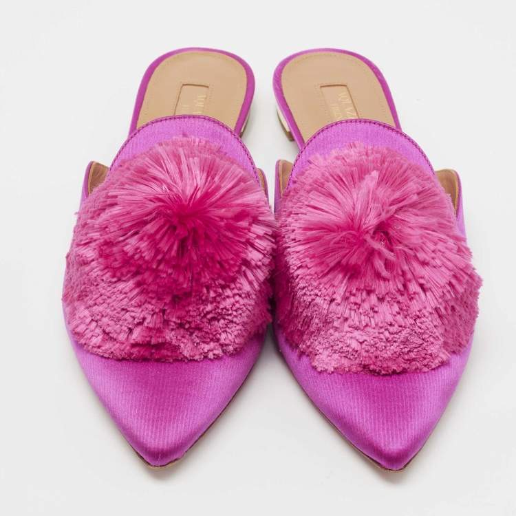 Pre Owned Aquazzura Pink Satin Powder Puff Pom Pom Mules Size 38.5