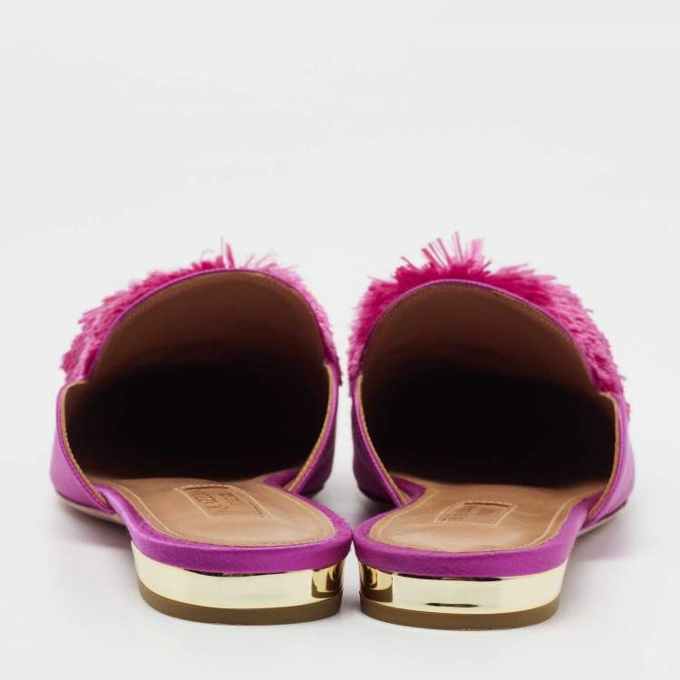 Pre Owned Aquazzura Pink Satin Powder Puff Pom Pom Mules Size 38.5