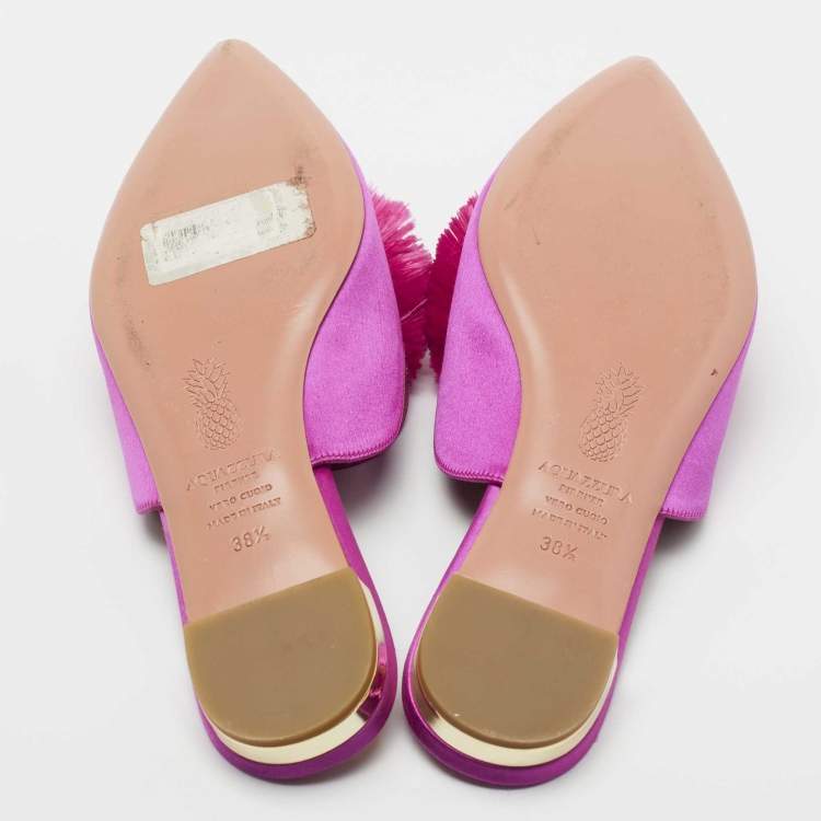 Pre Owned Aquazzura Pink Satin Powder Puff Pom Pom Mules Size 38.5