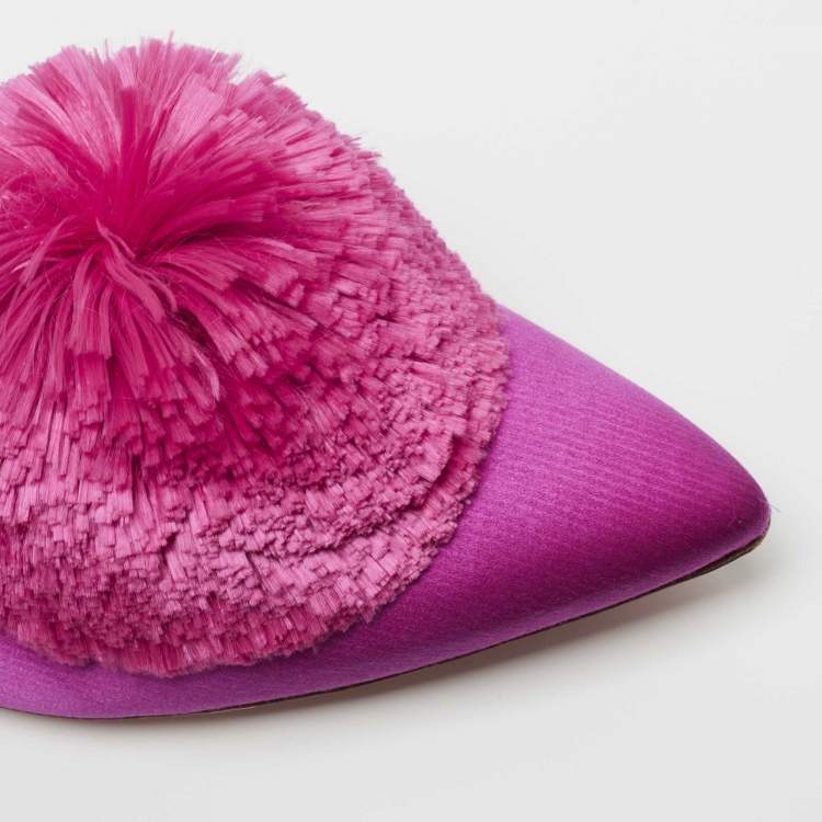 Pre Owned Aquazzura Pink Satin Powder Puff Pom Pom Mules Size 38.5