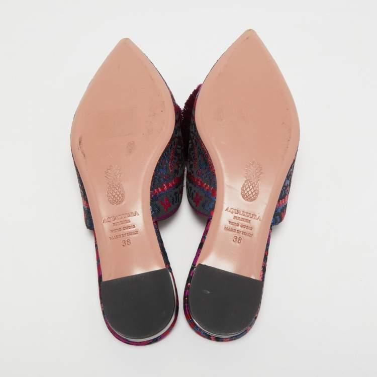 Pre Owned Aquazzura Pink/Blue Jacquard Puff Pom Pom Mules Size 38