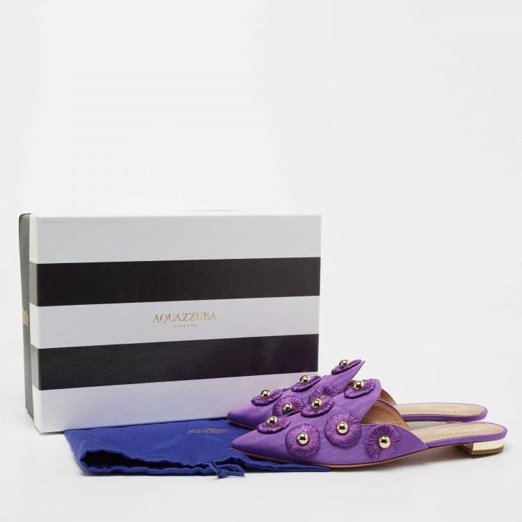 مملوكة مسبقًا Aquazzura Purple Fabric Sunflower Embellished Mules Size 38.5
