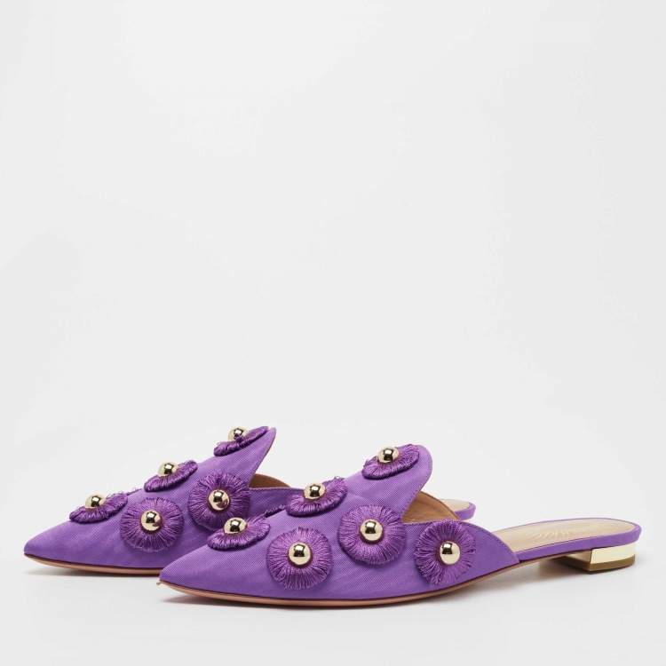 مملوكة مسبقًا Aquazzura Purple Fabric Sunflower Embellished Mules Size 38.5