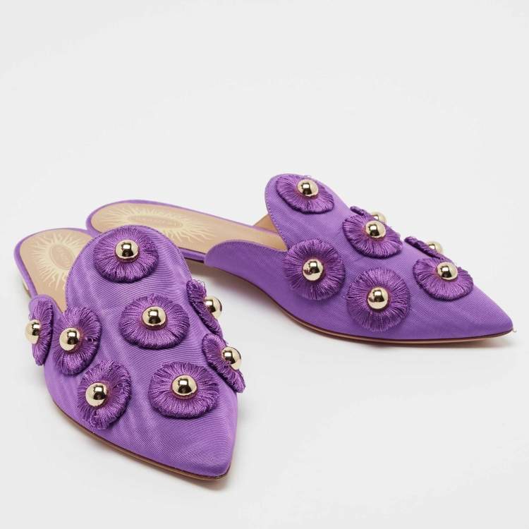 مملوكة مسبقًا Aquazzura Purple Fabric Sunflower Embellished Mules Size 38.5
