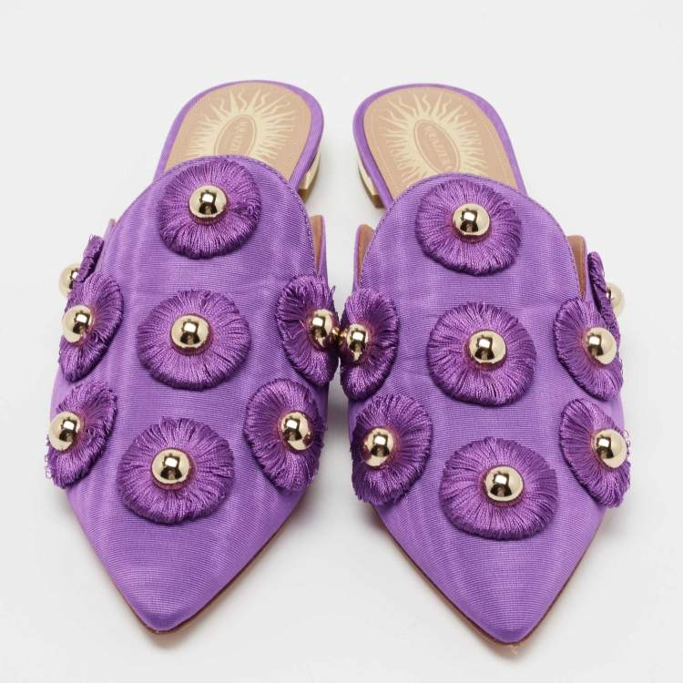 مملوكة مسبقًا Aquazzura Purple Fabric Sunflower Embellished Mules Size 38.5