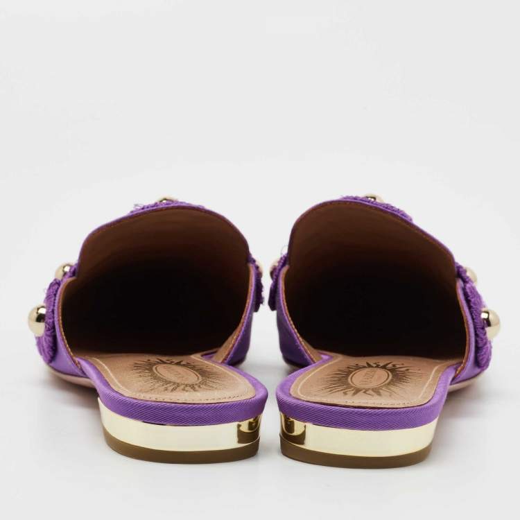 مملوكة مسبقًا Aquazzura Purple Fabric Sunflower Embellished Mules Size 38.5