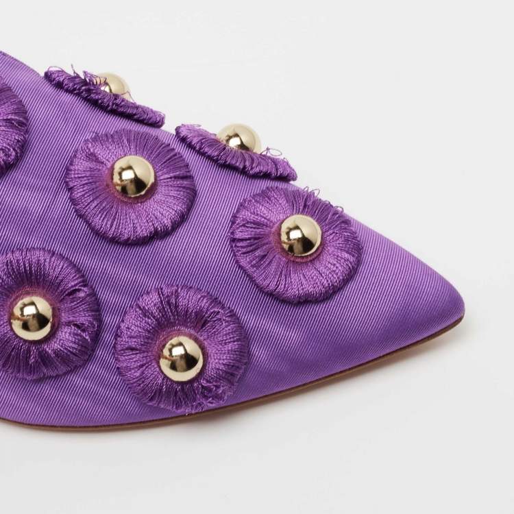 مملوكة مسبقًا Aquazzura Purple Fabric Sunflower Embellished Mules Size 38.5