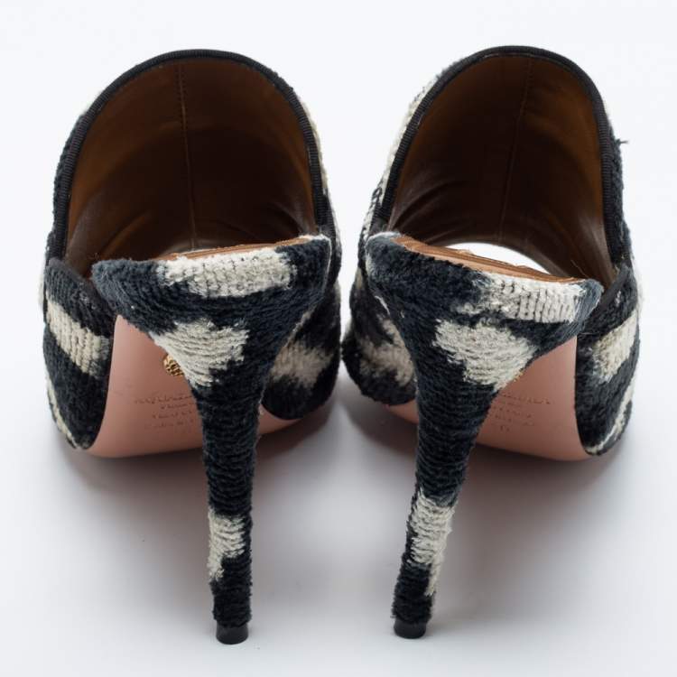 مملوكة مسبقًا Aquazzura White and Black Corduroy Slide Sandals Size 40