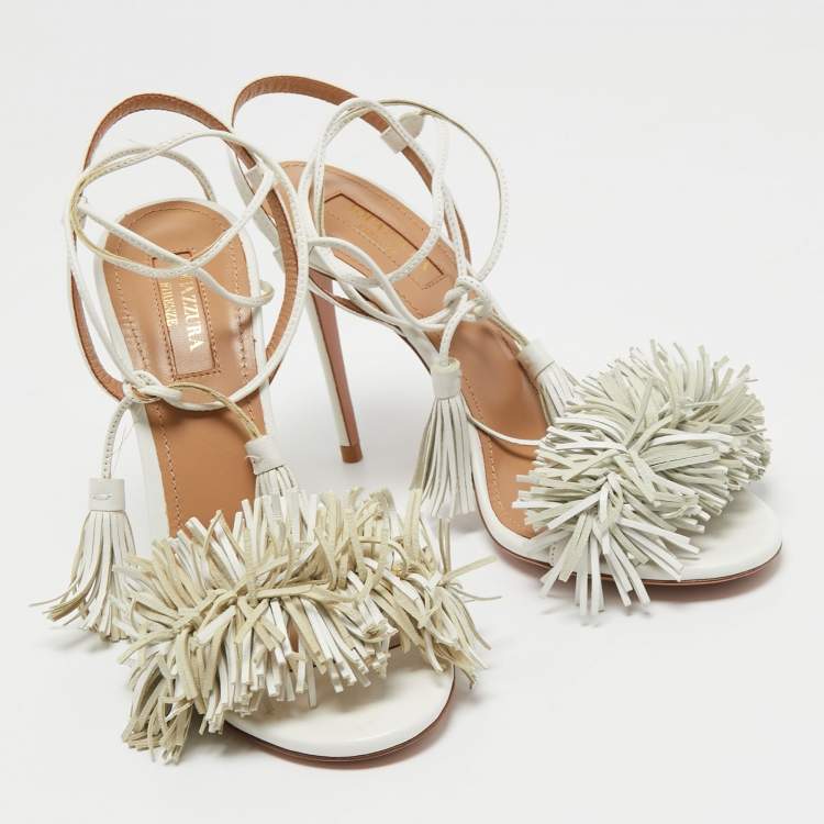 Pre Owned Aquazzura White Leather Fringes Ankle Strap Sandals Size 36.5