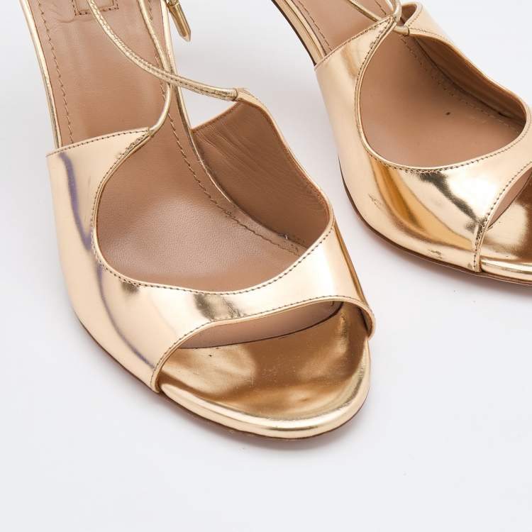 Pre Owned Aquazzura Gold Leather Leather Sofia Open Toe Ankle Tie Sandals Size 39