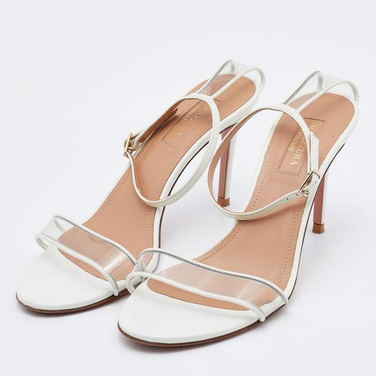 Pre Owned Aquazzura White Leather and PVC Ankle Strap Sandals Size 37.5