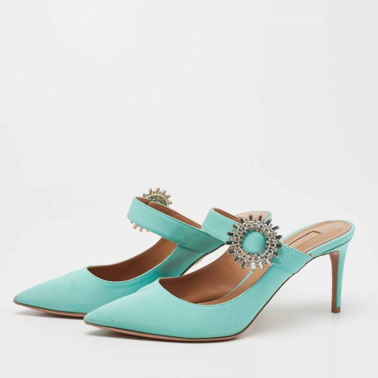 Pre Owned Aquazzura Green Canvas Crystal Embellished Blossom Pointed Toe Mules Size 38  