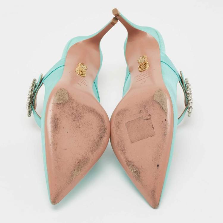 Pre Owned Aquazzura Green Canvas Crystal Embellished Blossom Pointed Toe Mules Size 38  