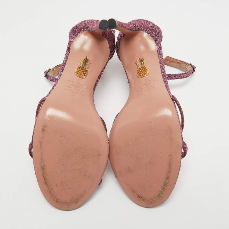 Pre Owned Aquazzura Pink Glitter Fabric Ankle Strap Sandals Size 36
