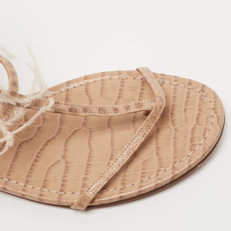 Pre Owned Aquazzura Beige Croc Embossed Leather and Feather Trim T-Strap Flat Sandals Size 39