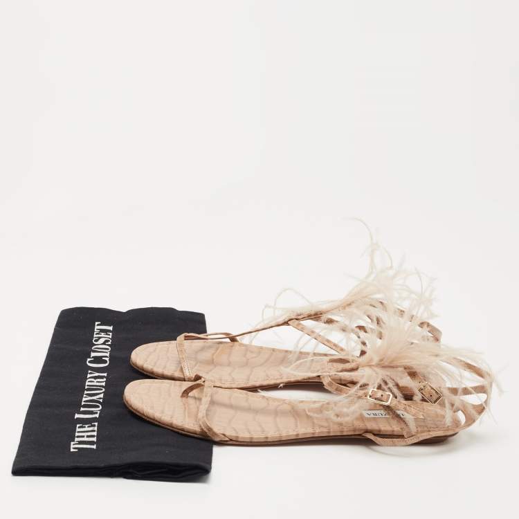 Pre Owned Aquazzura Beige Croc Embossed Leather and Feather Trim T-Strap Flat Sandals Size 39