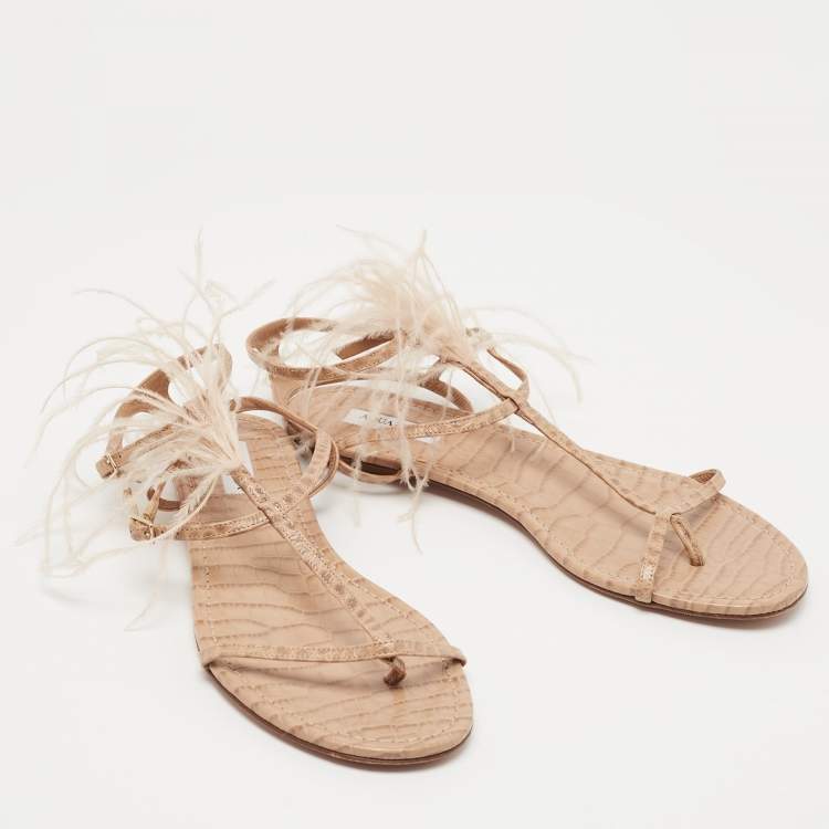 Pre Owned Aquazzura Beige Croc Embossed Leather and Feather Trim T-Strap Flat Sandals Size 39