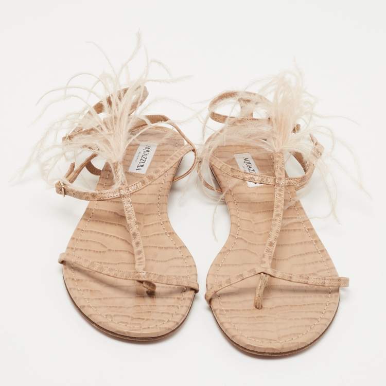 Pre Owned Aquazzura Beige Croc Embossed Leather and Feather Trim T-Strap Flat Sandals Size 39