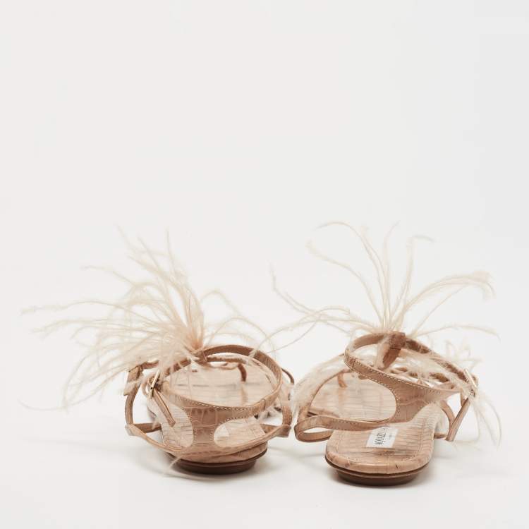 Pre Owned Aquazzura Beige Croc Embossed Leather and Feather Trim T-Strap Flat Sandals Size 39