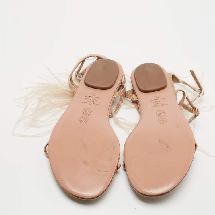 Pre Owned Aquazzura Beige Croc Embossed Leather and Feather Trim T-Strap Flat Sandals Size 39