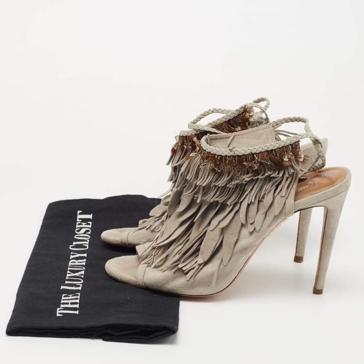 مملوكة مسبقًا Aquazzura Grey Suede So Pocahontas Sandals Size 39