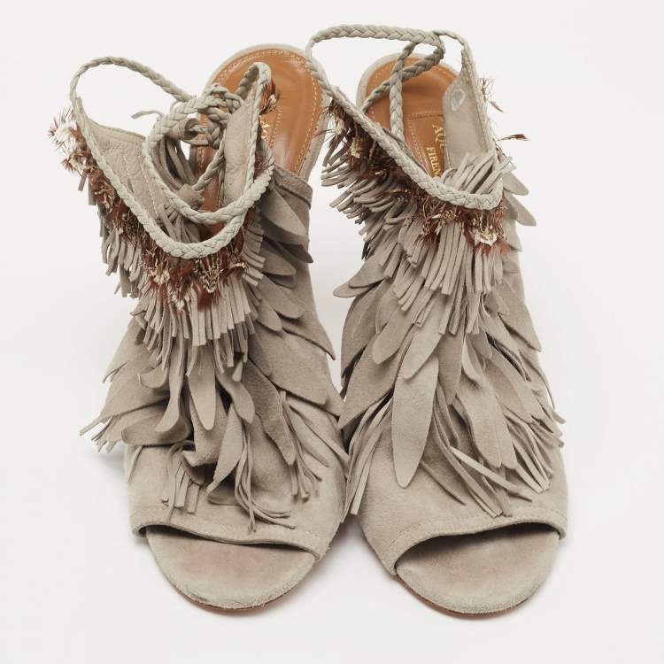 مملوكة مسبقًا Aquazzura Grey Suede So Pocahontas Sandals Size 39