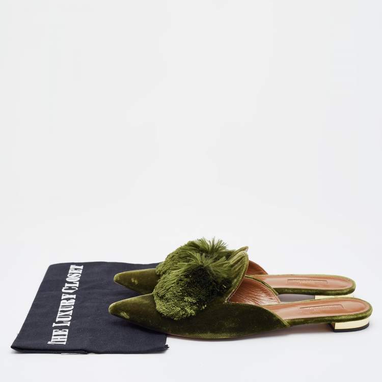 Pre Owned Aquazzura Green Velvet Powder Puff Pom Pom Flat Mules Size 40