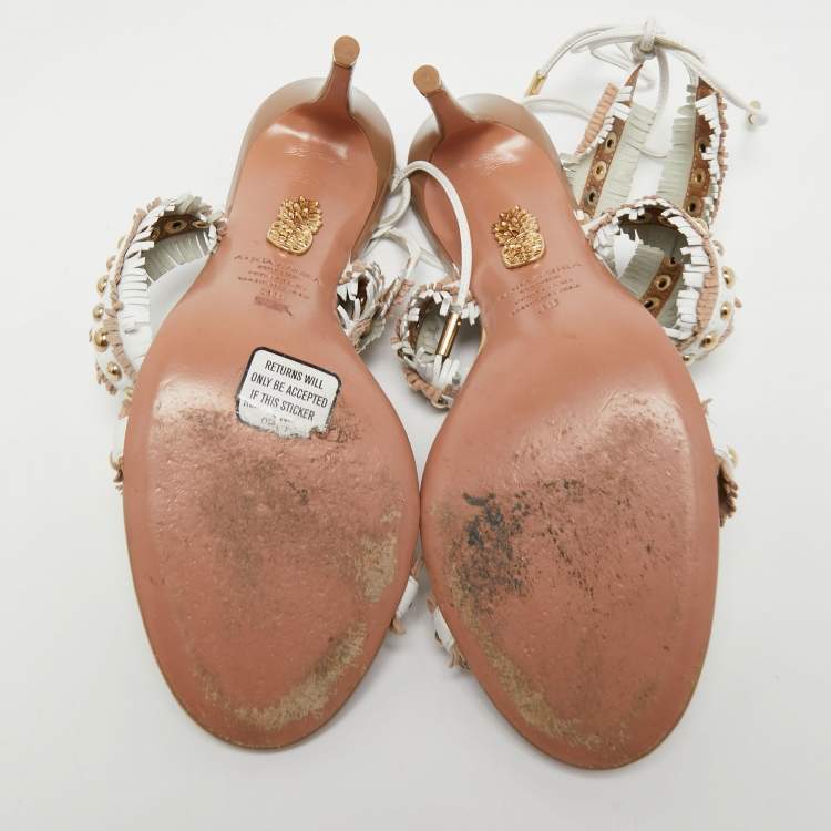 مملوكة مسبقًا Aquazzura White/Beige Leather Latin Lover Ankle Tie Sandals Size 38