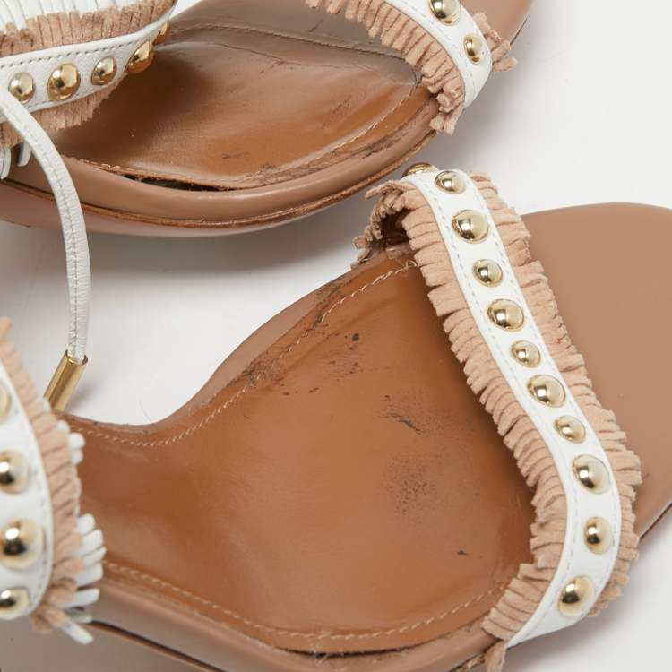 مملوكة مسبقًا Aquazzura White/Beige Leather Latin Lover Ankle Tie Sandals Size 38