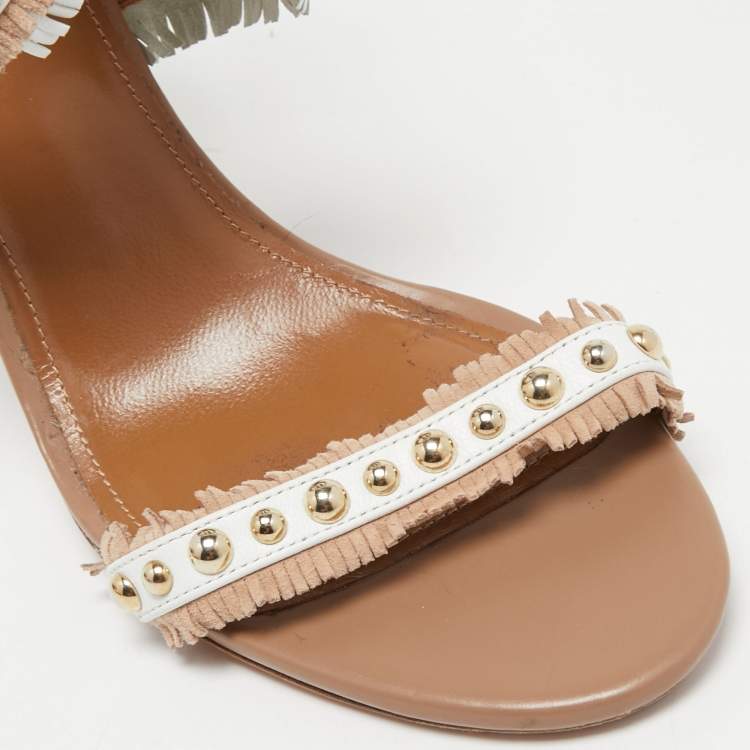 مملوكة مسبقًا Aquazzura White/Beige Leather Latin Lover Ankle Tie Sandals Size 38