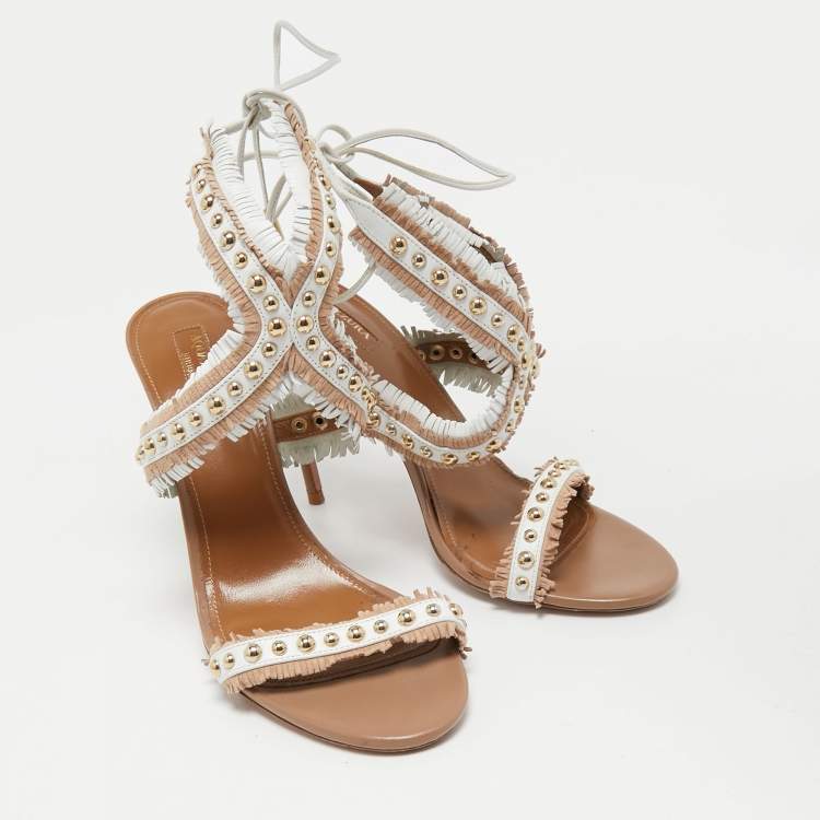 مملوكة مسبقًا Aquazzura White/Beige Leather Latin Lover Ankle Tie Sandals Size 38