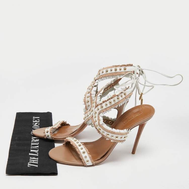 مملوكة مسبقًا Aquazzura White/Beige Leather Latin Lover Ankle Tie Sandals Size 38