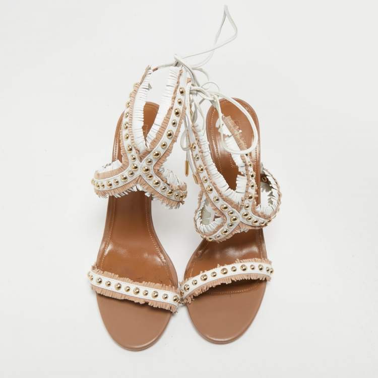 مملوكة مسبقًا Aquazzura White/Beige Leather Latin Lover Ankle Tie Sandals Size 38