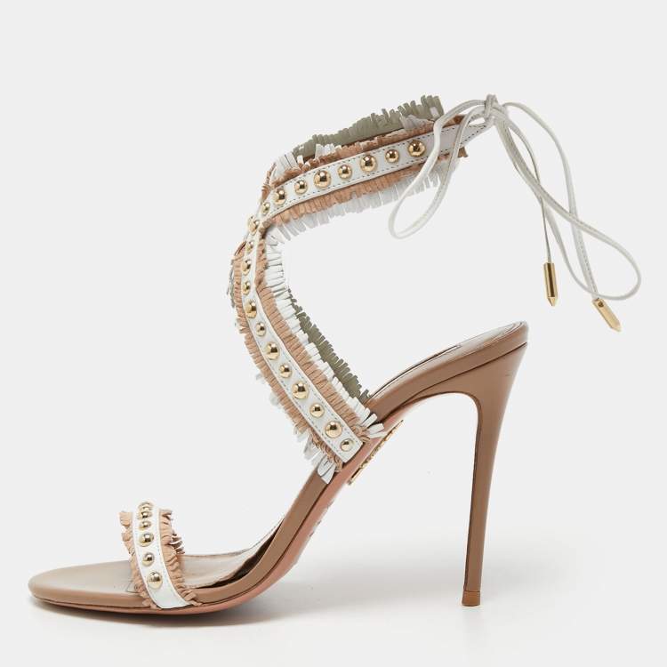 مملوكة مسبقًا Aquazzura White/Beige Leather Latin Lover Ankle Tie Sandals Size 38