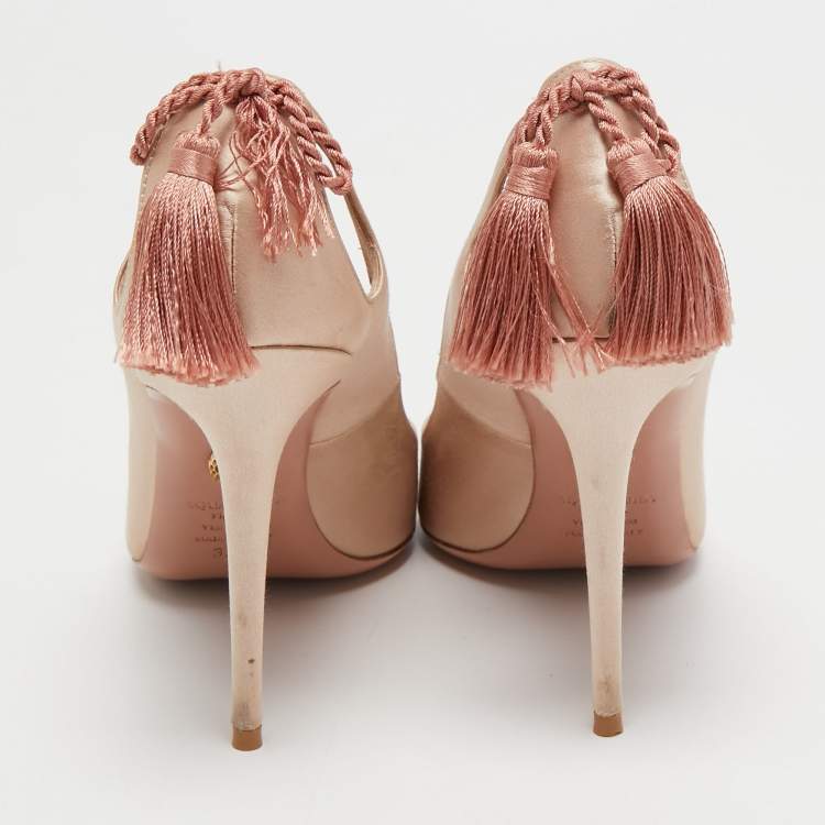 Pre Owned Aquazzura Beige Satin Forever Marilyn Cut Out Tassel Detail Pumps Size 38.5