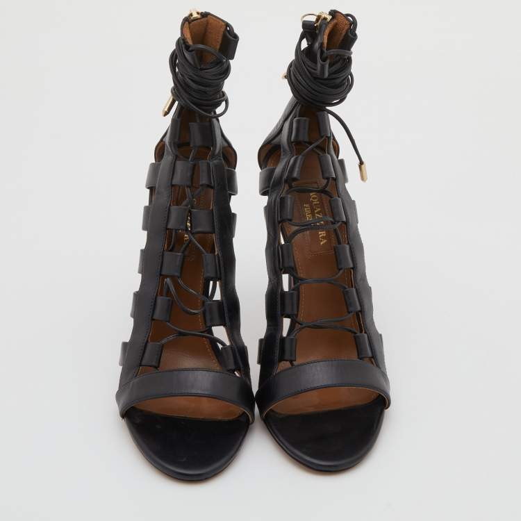 Pre Owned Aquazzura Black Leather Amazon Open Toe Lace Up Sandals Size 36.5