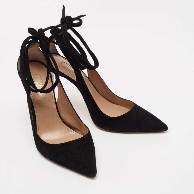 مملوكة مسبقًا Aquazzura Black Suede Parisienne Bow Detail Pumps Size 37.5